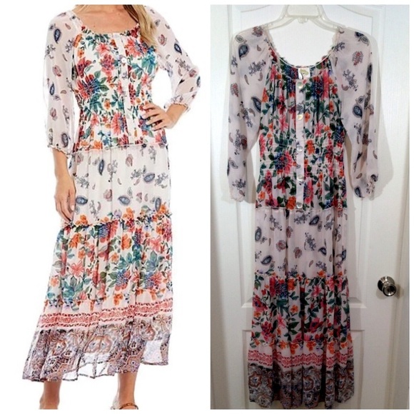 Veronica Multi Floral Block Print Off-the-Shoulder Tiered Maxi Dress NWT Small - Picture 1 of 7